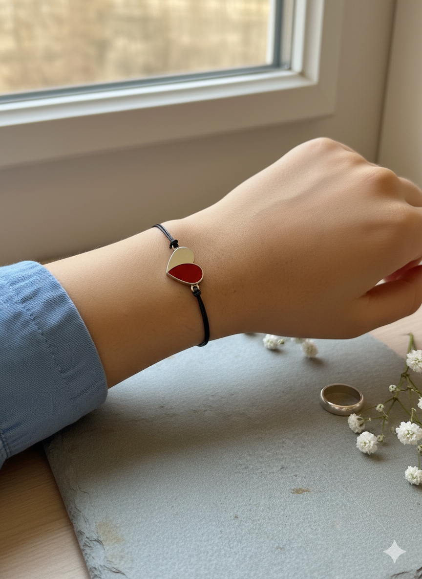 Bracelet minimaliste en argent sterling 925 avec cœur rouge