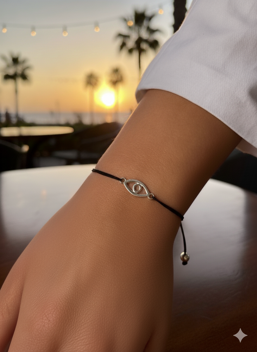 Bracelet Éclair en Argent Sterling 925 Œil de Vérité pour Femmes, Cordon Noir Ajustable, Charm Minimaliste