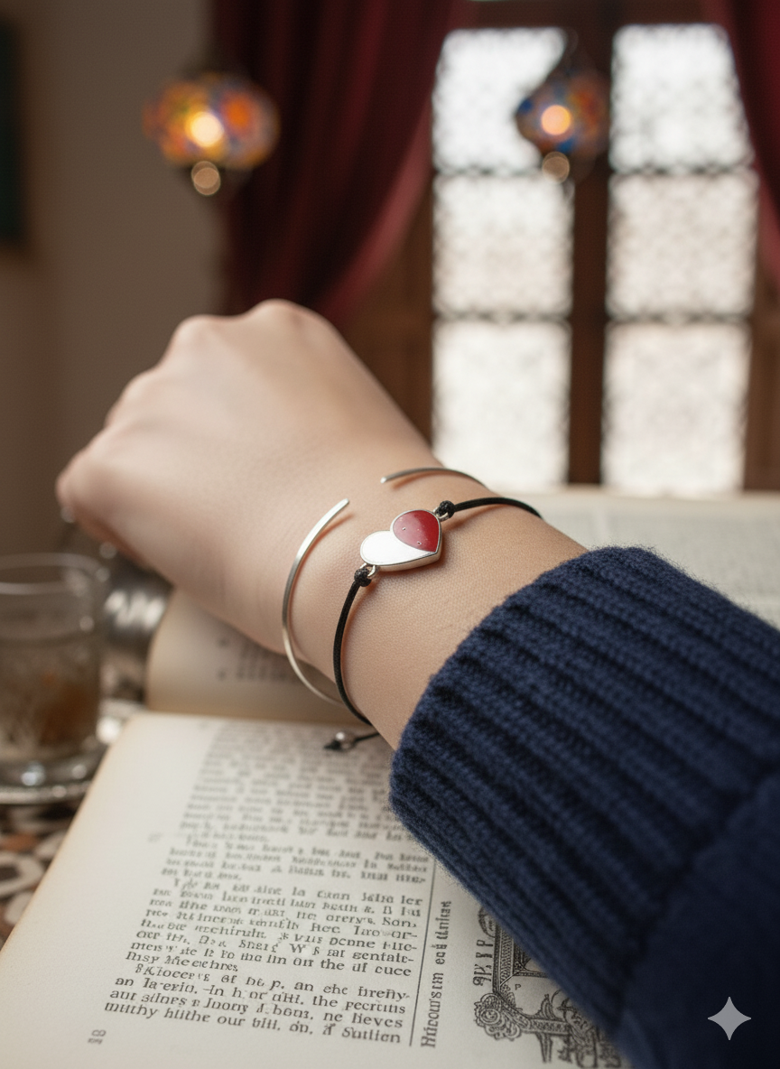 Bracelet minimaliste en argent sterling 925 avec cœur rouge