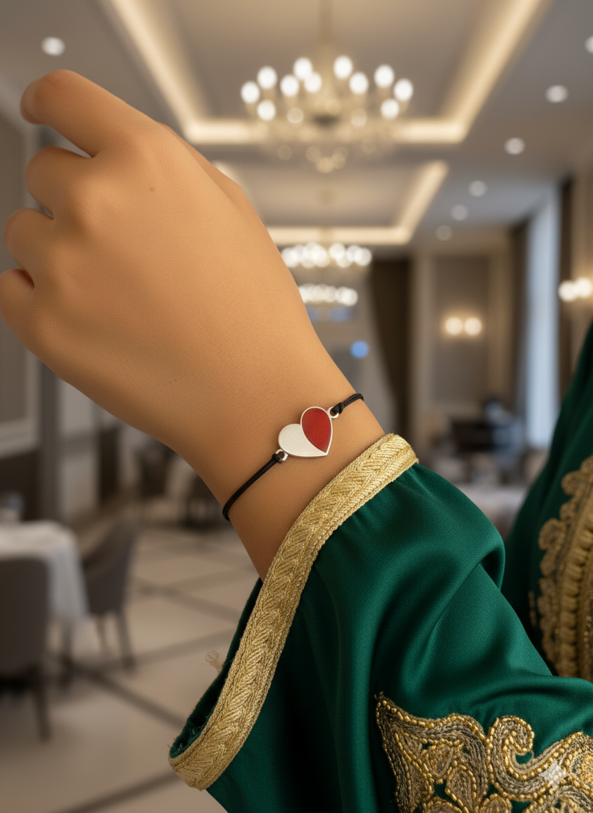 Bracelet minimaliste en argent sterling 925 avec cœur rouge